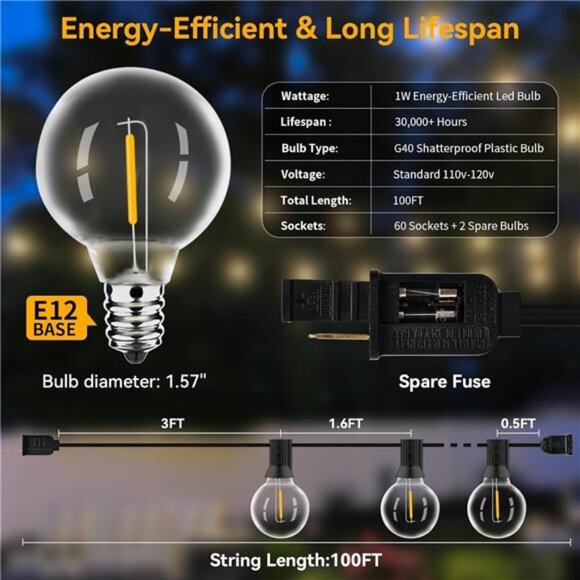 100ft Outdoor String Lights Waterproof/Connectable/Dimmable with 62 LED Bulbs - Picture 6 of 7